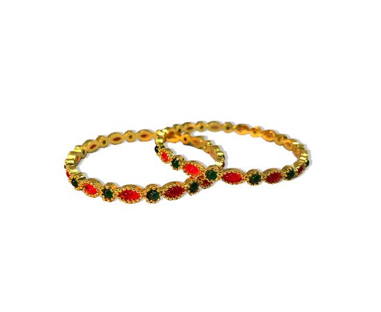 GOLD PLATED KEMP BANGLES WITH ROUND OVAL RED AND GREEN STONES